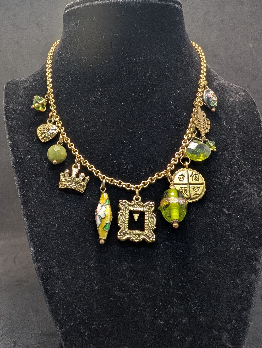Gold Tone Charm Necklace with Green Gemstones The Four Wishes